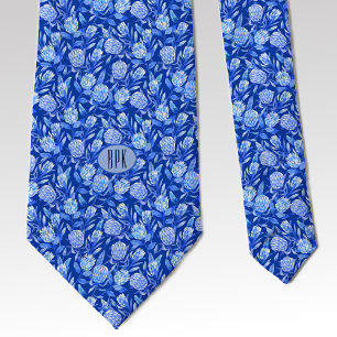 Subtle Monogram Cobalt Blue Tropical Protea Flower Neck Tie