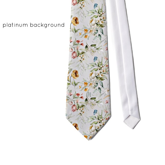 Subtle Monogram, Floral Still Life Platinum bg Neck Tie (Creator Uploaded)