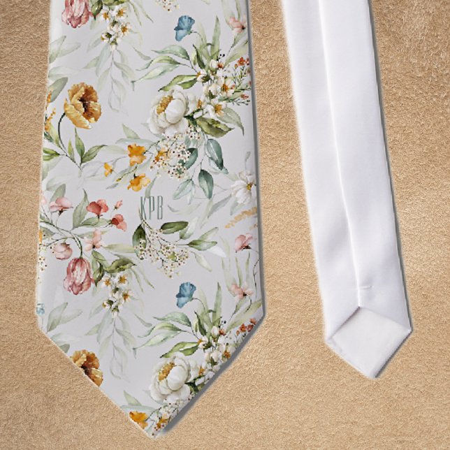 Subtle Monogram, Floral Still Life Platinum bg Neck Tie (Creator Uploaded)