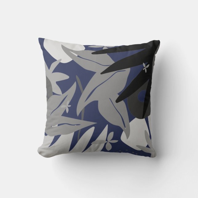 Subtle Navy Blue Abstract Floral Throw Pillow (Front)