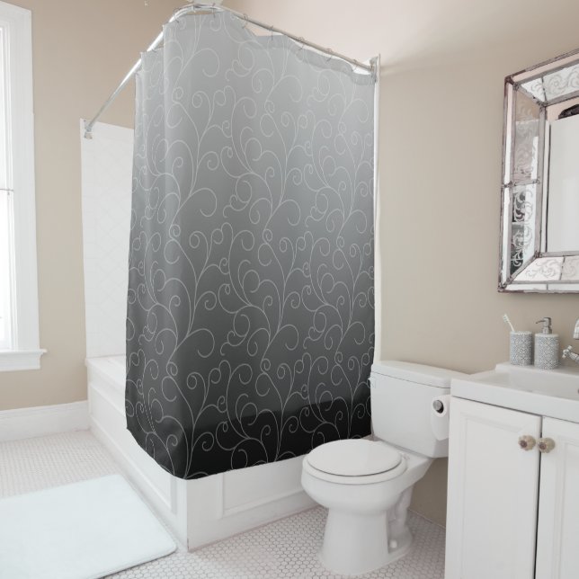 Subtle Ombre Light Dark Grey Scroll Shower Curtain (In Situ)