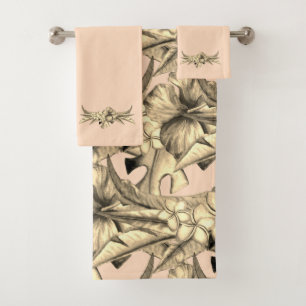 Subtle Peach And Tan Floral Design  Bath Towel Set