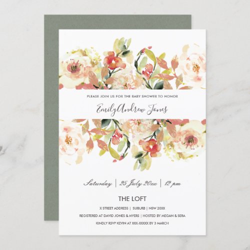 SUBTLE PEACH PINK WATERCOLOR FLORAL BABY SHOWER INVITATION