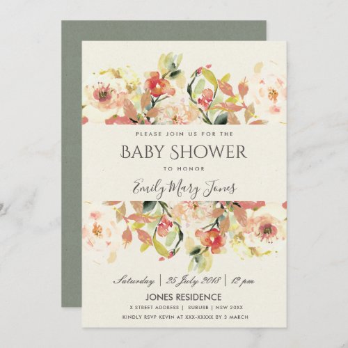 SUBTLE PEACH PINK WATERCOLOR FLORAL BABY SHOWER INVITATION