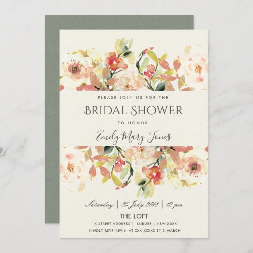 SUBTLE PEACH PINK WATERCOLOR FLORAL BRIDAL SHOWER INVITATION