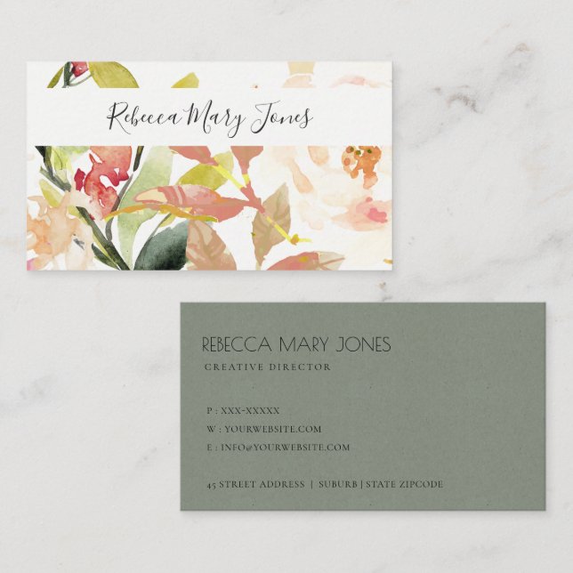 SUBTLE PEACH PINK WATERCOLOR FLORAL PERSONALISED BUSINESS CARD (Front/Back)