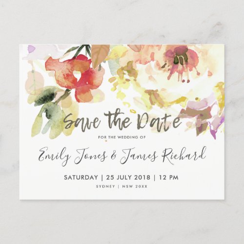 SUBTLE PEACH PINK WATERCOLOR FLORAL SAVE THE DATE ANNOUNCEMENT POSTCARD