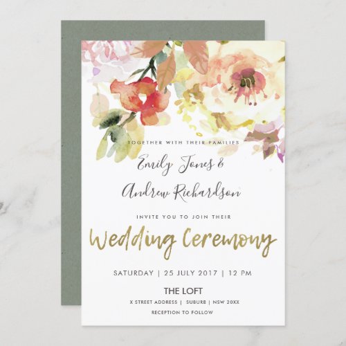 SUBTLE PEACH PINK WATERCOLOR FLORAL WEDDING INVITATION