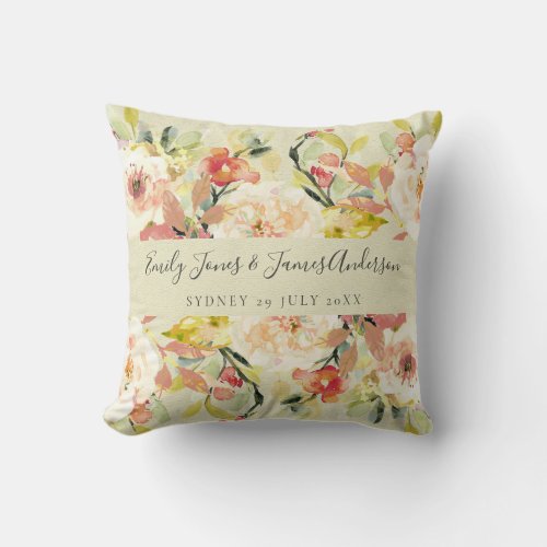 SUBTLE PEACH WATERCOLOR  FLORAL SAVE THE DATE GIFT THROW PILLOW