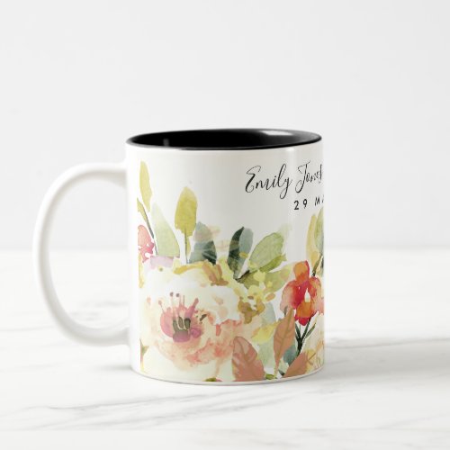SUBTLE PEACH WATERCOLOR FLORAL SAVE THE DATE GIFT Two_Tone COFFEE MUG