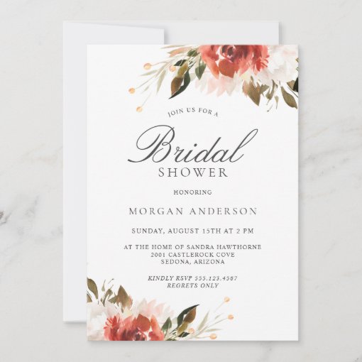 Subtle Red And White Floral Bouquet Bridal Shower Invitation 