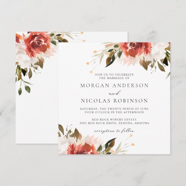 Subtle Red and White Floral Bouquet Wedding Invitation (Front/Back)