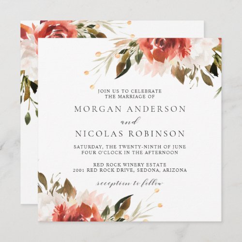 Subtle Red and White Floral Bouquet Wedding Invitation