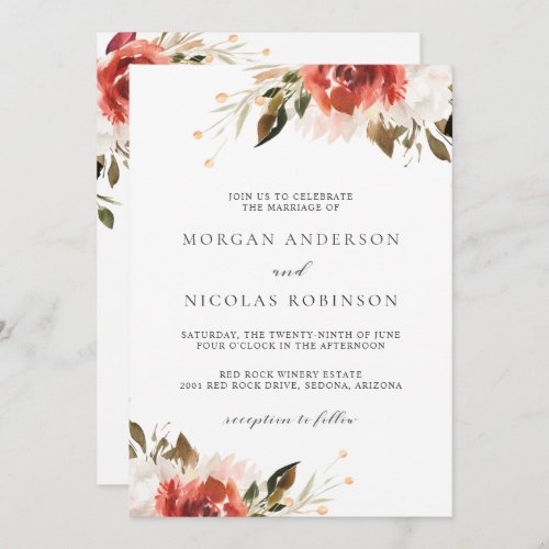 Subtle Red and White Floral Bouquet Wedding Invitation