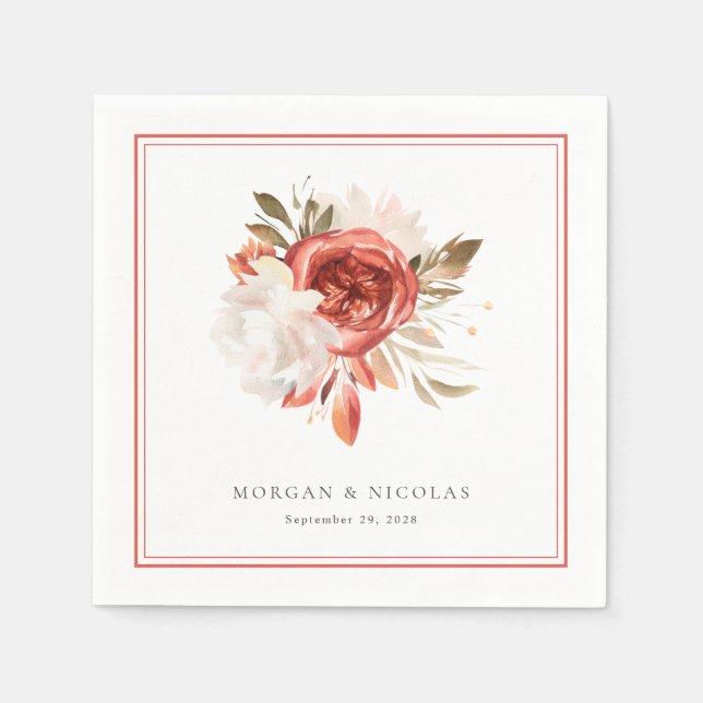 Subtle Red and White Floral Bouquet Wedding Napkins (Front)