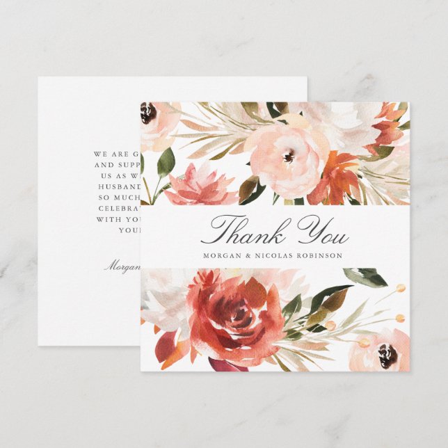 Subtle Red and White Floral Square Thank You  Card (Front/Back)