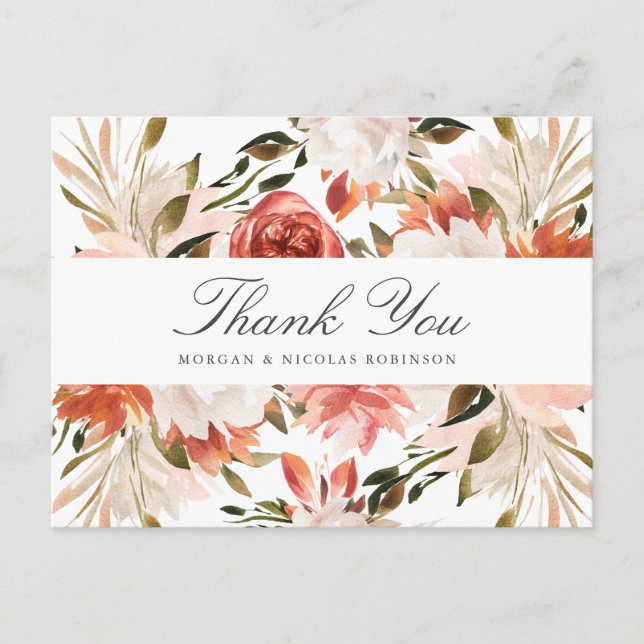 Subtle Red and White Floral Wedding Thank You Postcard (Front)
