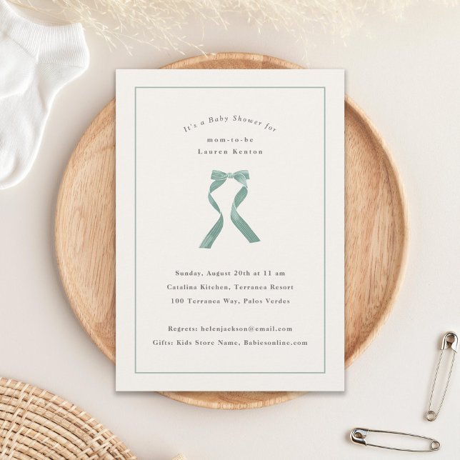 Subtle Sage Green Bow Classic Baby Shower Invitation (Creator Uploaded)