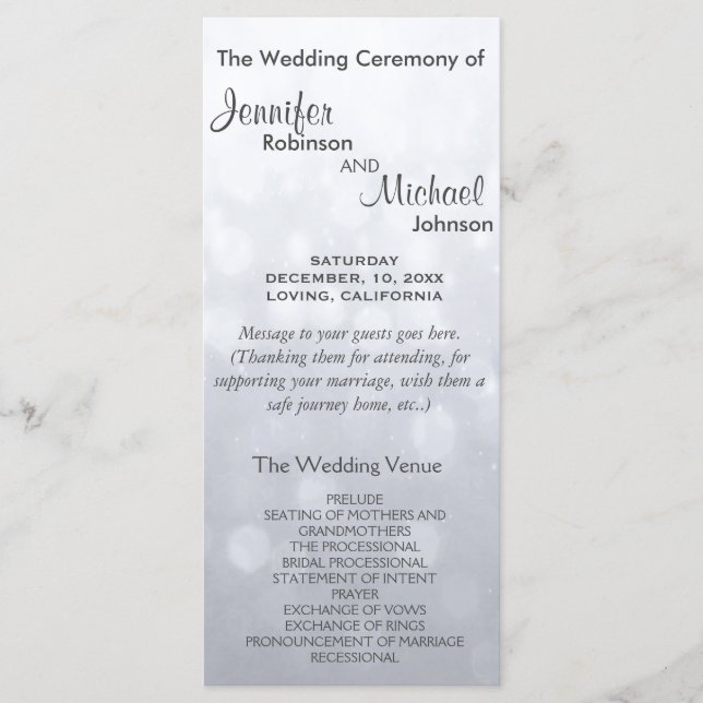 Subtle Silver Bokeh Lights Wedding Program (Front)