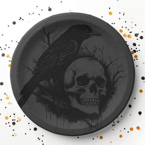 Subtle skull and crow black gray Halloween Paper Plates