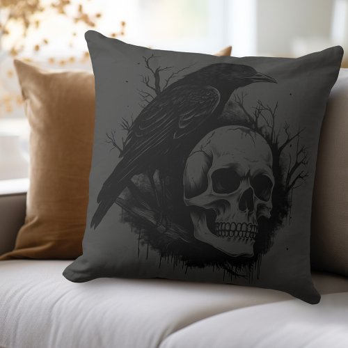 Subtle skull and crow black gray Halloween Throw Pillow