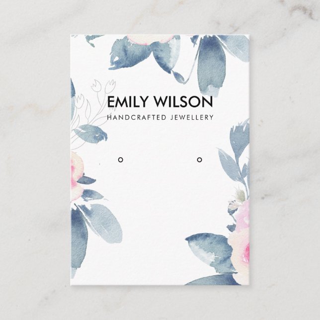 SUBTLE SOFT BLUSH BLUE FLORAL EARRING DISPLAY LOGO BUSINESS CARD (Front)