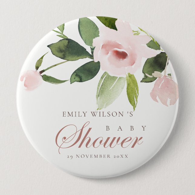 SUBTLE SOFT BLUSH PINK ROSE FLORAL BABY SHOWER BUTTON (Front)