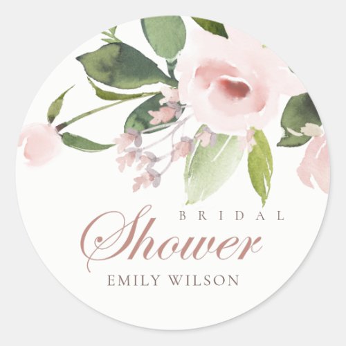 SUBTLE SOFT BLUSH PINK ROSE FLORAL BRIDAL SHOWER CLASSIC ROUND STICKER