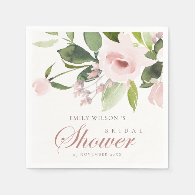 SUBTLE SOFT BLUSH PINK ROSE FLORAL BRIDAL SHOWER NAPKINS (Front)