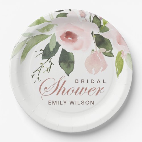 SUBTLE SOFT BLUSH PINK ROSE FLORAL BRIDAL SHOWER PAPER PLATES