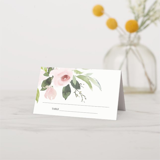SUBTLE SOFT BLUSH PINK ROSE FLORAL BRIDAL SHOWER PLACE CARD (Front)