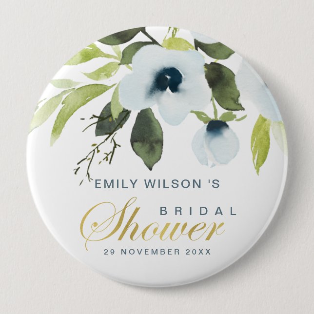 SUBTLE SOFT DUSTY BLUE PEONY FLORAL BRIDAL SHOWER BUTTON (Front)