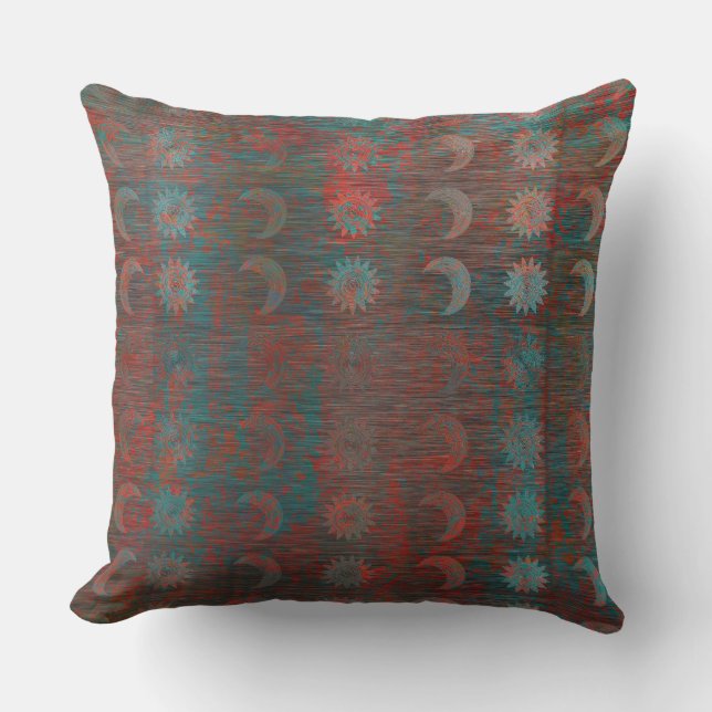 Subtle Suns Moons Red Turquoise Grunge Outdoor Pillow (Front)
