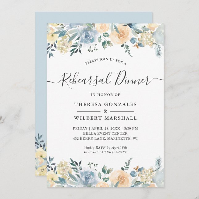 Subtle Vanilla Blue Floral Rehearsal Dinner Invitation (Front/Back)
