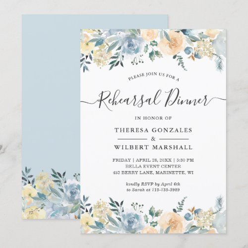 Subtle Vanilla Blue Floral Rehearsal Dinner Invitation