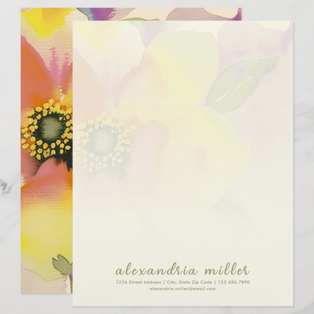 Subtle Watercolor Floral Letterhead Stationery (Front/Back)