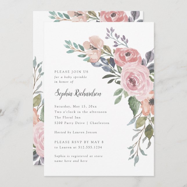 Subtle Watercolor Roses | Baby Sprinkle Invitation (Front/Back)