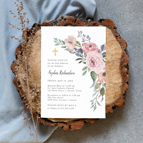 Subtle Watercolor Roses  Baptism with Gold Cross Invitation
