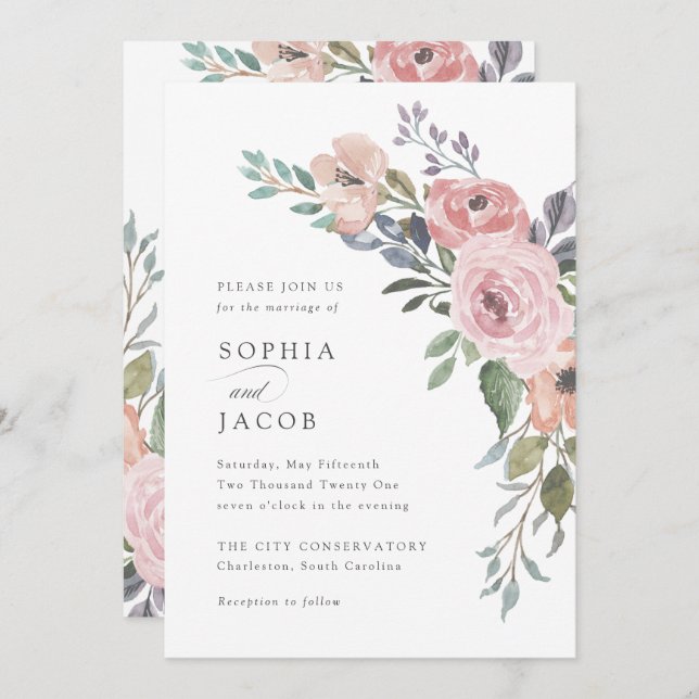 Subtle Watercolor Roses | Wedding Invitation (Front/Back)