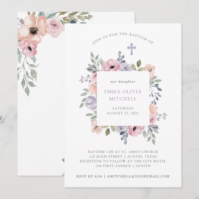 Subtle Watercolor Roses with Cross | Baptism Invitation (Front/Back)