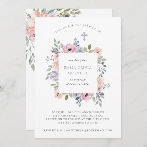 Subtle Watercolor Roses with Cross  Baptism Invitation