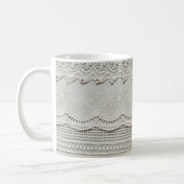 Subtle white lace, textile close-up. coffee mug (Left)