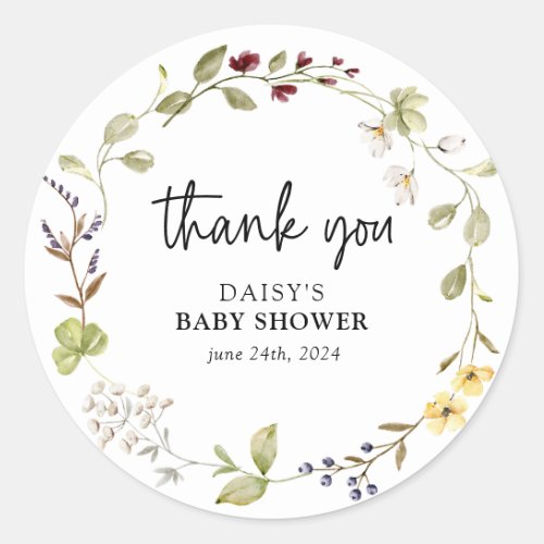 Subtle Wildflower Wreath Baby Shower Classic Round Sticker
