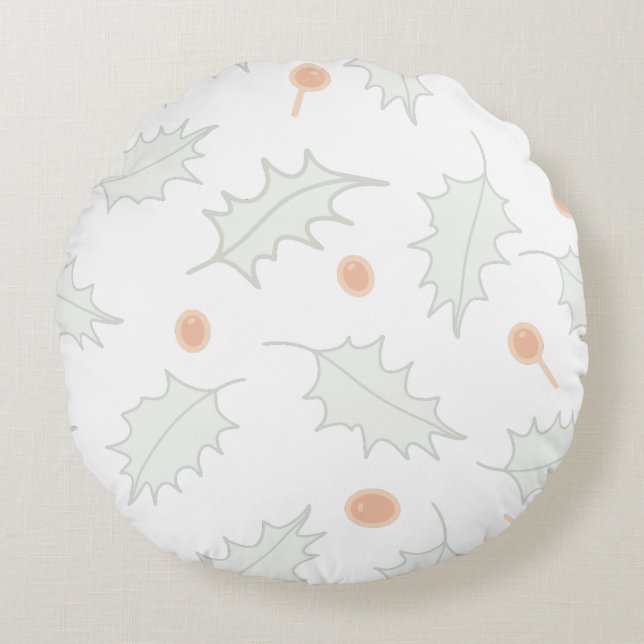 Subtle Winter Holly Berry Pattern Round Pillow (Front)
