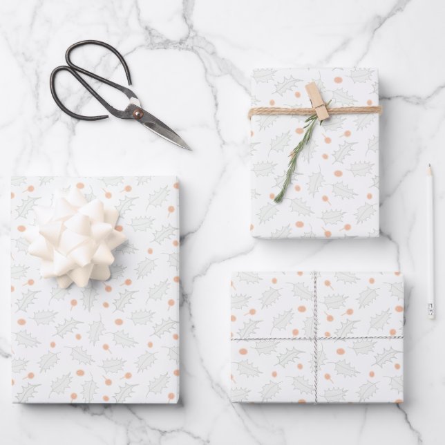 Subtle Winter Holly Berry Pattern Wrapping Paper Sheets (Front)