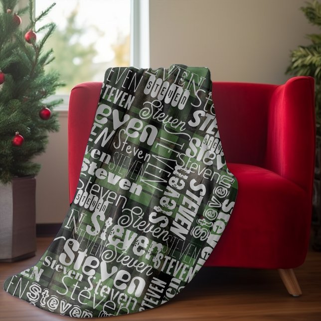 Subway Art any text tartan green black plaid Fleece Blanket (Creator Uploaded)
