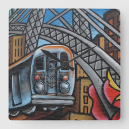 Subway train urban graffiti art square wall clock