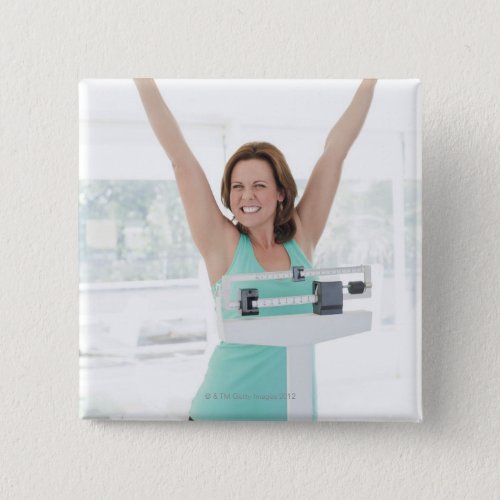 Successful weight loss Happy woman weighing Pinback Button
