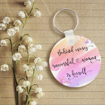 Successful Woman Pink Watercolor Chic Typography Keychain<br><div class="desc">“Behind every successful woman is herself.” So who needs Prince Charming? Make your own “happily ever after” and embrace “girl power” whenever you use this stylish, colorful inspirational feminist acrylic keychain with sweet black handwritten script typography overlaying a yellow, peach, pink and purple ombre watercolor splash. This keychain comes in...</div>