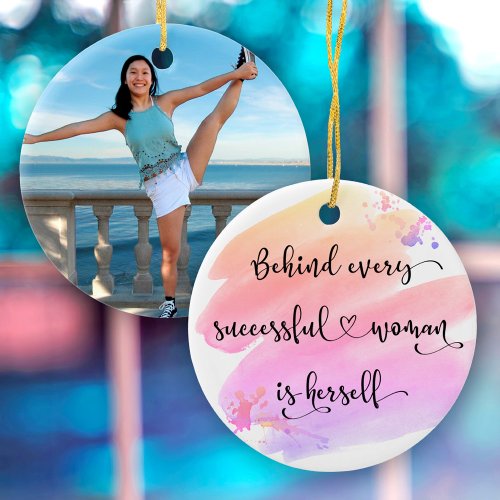 Successful Woman Pink Watercolor Typography Photo Ceramic Ornament